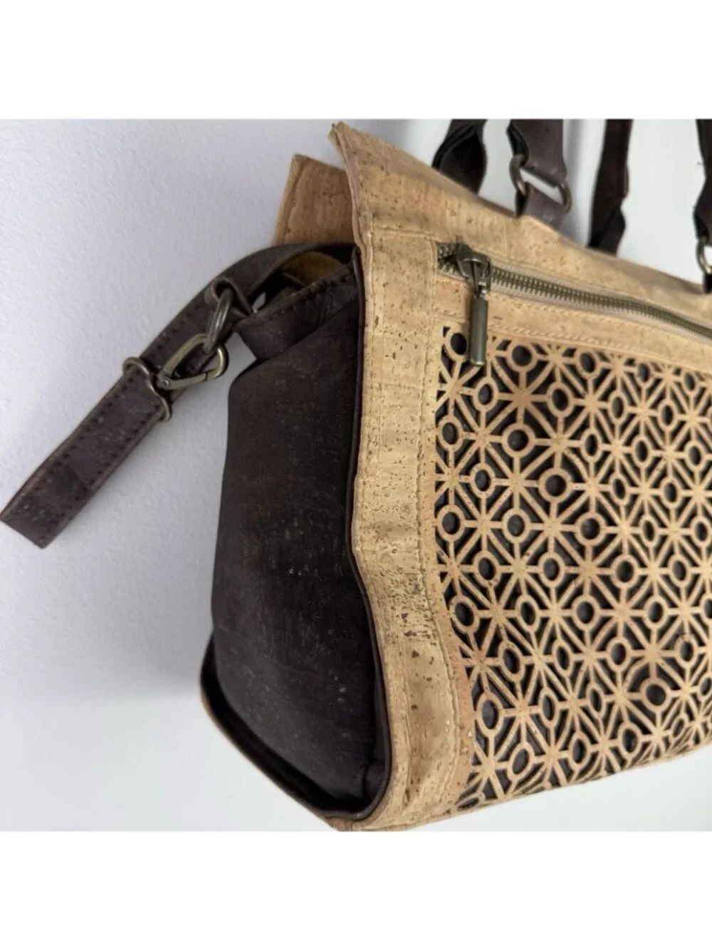 Natural Cork Satchel Bag 1SZ Tan Brown Laser Cut Portugal Vegan Eco Granola Boho
